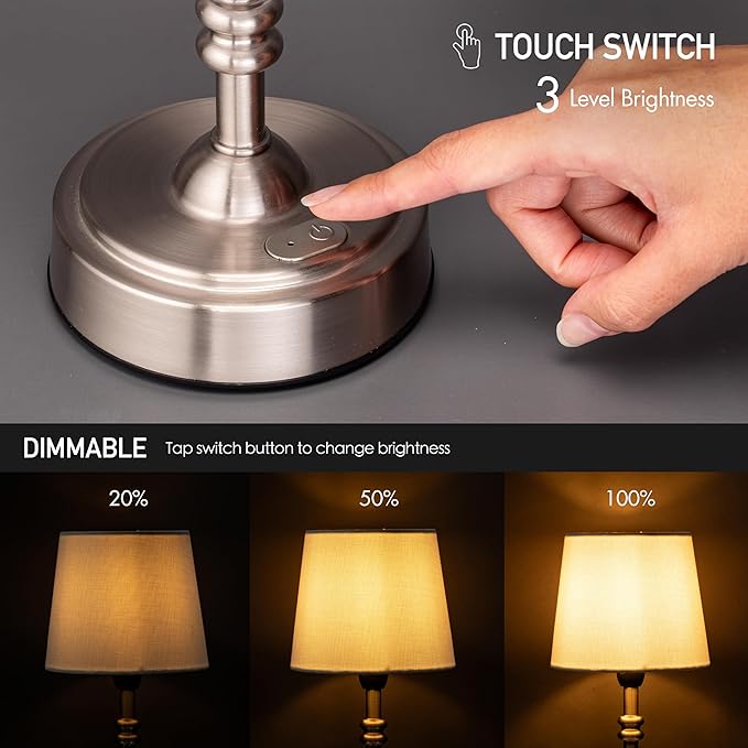 O’Bright Seraph mini – Cordless LED Table Lamp with Dimmer, Built-in Rechargeable Battery, 3-Level Brightness, Patio Table Lamp, Bedside Night Lamp, Ambient Light for Restaurant, Brushed Nickel