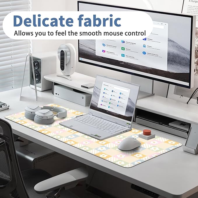 Cute Checkered Mouse Pad Large Desk Mat Extended Keyboard XL Mouse Pad Kawaii Mousepad with Non-Slip Base and Stitched Edge Daisy Mouse Mat Desk Pad 31.5 x 11.8 in Mouse Pads for Desk Home Office