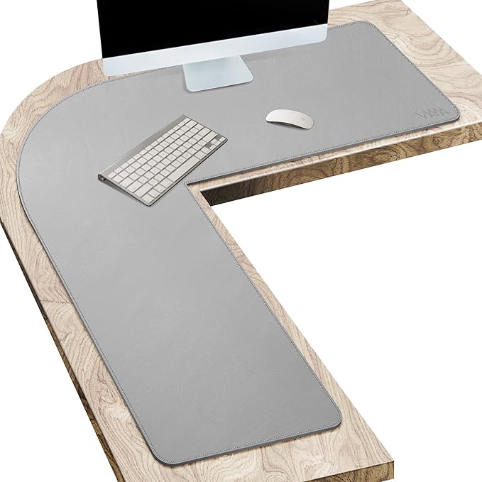 Vyaaa L-Shaped Leather Desk Pad, Gaming Mouse Pad for Corner Desk Mat, Office and Home, 43 x 43 x 15.7 Inch, Light Gray