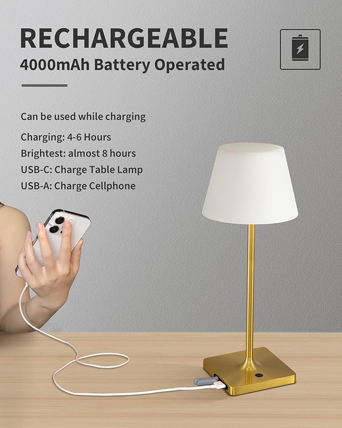LED Cordless Table Lamp, 4000mAh Portable Rechargeable Battery Powered Dimmable Outdoor Waterproof Table Light, Touch Night Light for Bedroom, Bathroom, Restaurant, Garden 14.5"