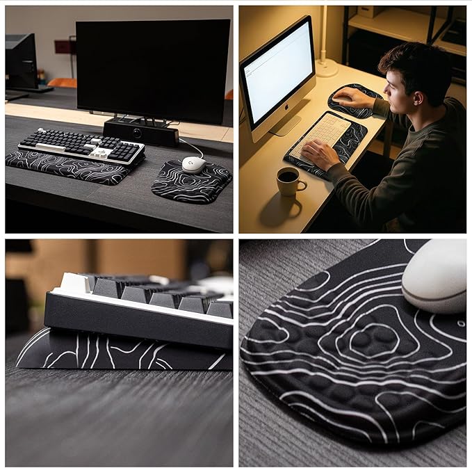 Keyboard Wrist Rest -Ergonomic Mouse Pad- with Carpal Tunnel Massage Bumps and Full Memory Gel Design - Ideal Frequent Computer (Line)