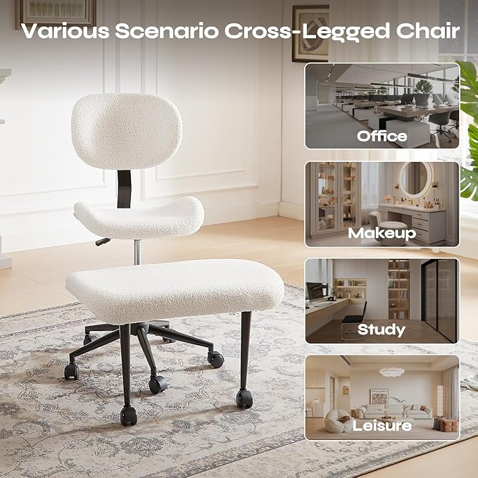 Ergonomic Cross Legged Chair for ADHD, Meditation Chair with 360° Swivel Wheels, Kneeling Office Chair with Back Support, Strong Lumbar Support, Teddy Fabric, White