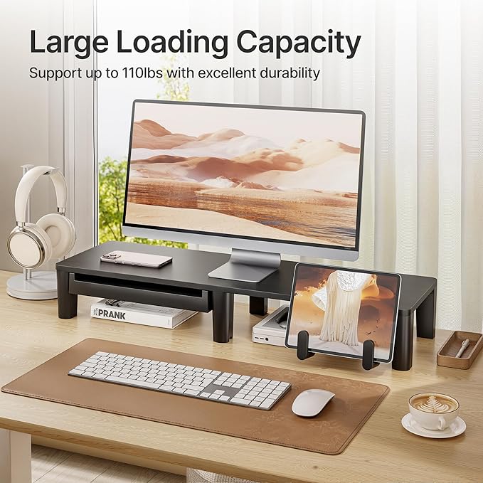 Monitor Stand Riser for Desk, Ergonomic Computer Riser with Storage Drawer, Desktop Shelf Organizer for PC, Laptop, Desk Computer Riser For Home Office
