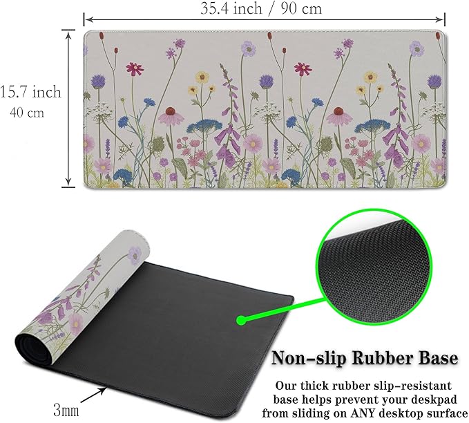 Desk Mouse Pad Flower Keyboard Mat, Mouse Pads Office Desk Pad, The Mousepad Non-Slip Rubber Base Waterproof with Stitched Edges, 35.4" X 15.7" for Work/Game/Office/Home Floral Nature Plant