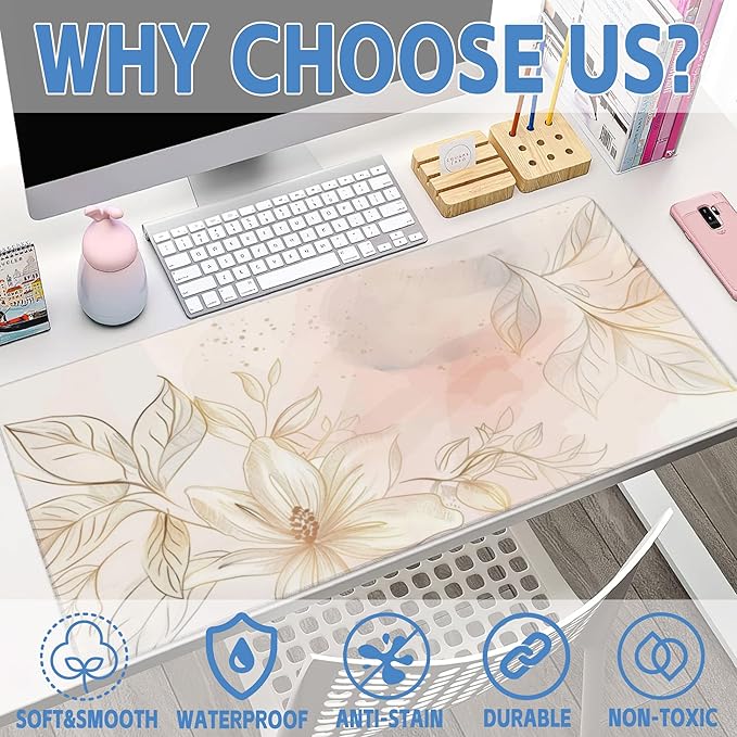 Desk Mat,Minimalist Flowers and Leaves Large Gaming Mouse Pad for Desk XXL,Golden Line Floral Desk Pad,Extended Big Computer Keyboard Mouse Pad with Non-Slip Base Stitched Edges 35.4"x15.7"