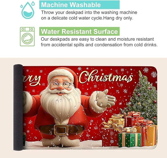Desk Mat, XXL Extended Gaming Pad for Desktop, 35x16 Inches Jolly Santa with Tree, Large Non-Slip Vegan Leather Surface with Stitched Edges, Keyboard Mouse Mat for Home Office