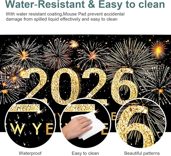 Happy New Year - 2026 Extended Gaming Mouse Pad 35.4x15.7Inch Large Desk Mat Anti-Slip Rubber Base & Durable Stitched Edges for Gamers Smooth Mouse Writing Surface for Desk Office/Home