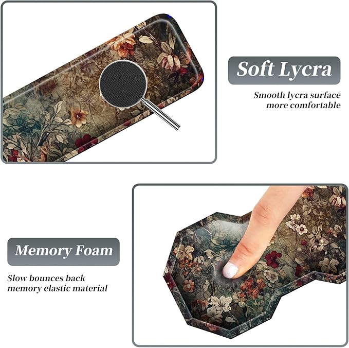 3Pcs Mouse Pad Set, Dark Art Flowers Large Gaming Mouse Pad with Stitched Edge, Ergonomic Memory Foam Keyboard Wrist Support and Mouse Wrist Rest Cushion, Pain Relief Non-Slip Desk Pad Combo