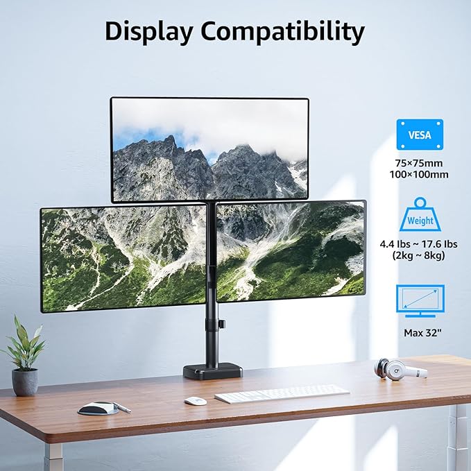 MOUNTUP Triple Monitor Mount Fits Max 32 Inch Screen, Holds 4.4-17.6lbs, 3 Monitors Desk Mount, Triple Monitor Stand for Desk, Adjutable Arm with Clamp/Grommet Base, VESA 75x75/100x100 MU6013A