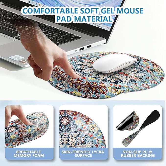 iLeadon Ergonomic Mouse Pad Set, Boho Desk Mat + Mouse Pad with Wrist Rest + Keyboard Wrist Rest + Coaster, 4in1 Mouse and Keyboard Pad Set for Home Office, Boho Rug Blue