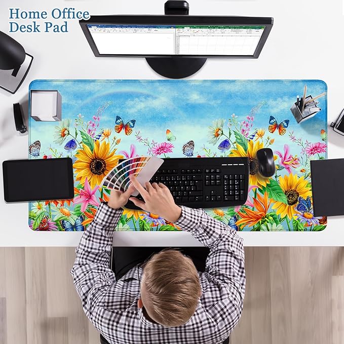 Desk Pad Sunflowers, Big Mouse Pad Flower Butterfly Women Girls Desk Mat Extended Large Gaming Mouse Pad Non-Slip Base Stitched Edge Work Home Office Desks Computer Keyboard Laptop Decor Mouse Mat