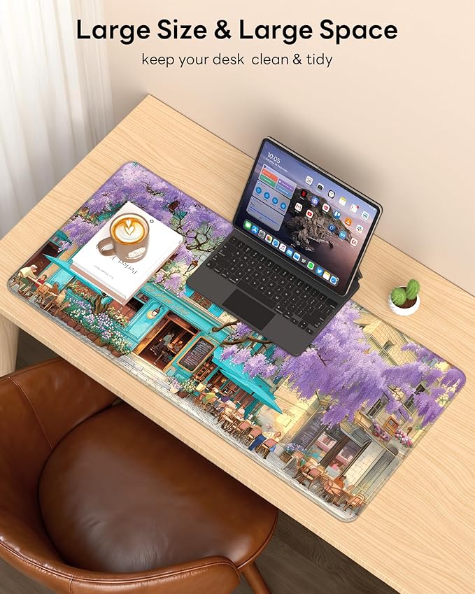 XL Gaming Mouse Pad, 31.5x15.7'' Large Desk Mat with Anti-Slip Rubber Base & Stitched Edges for Gaming, Office, Home, Wisteria Cafe