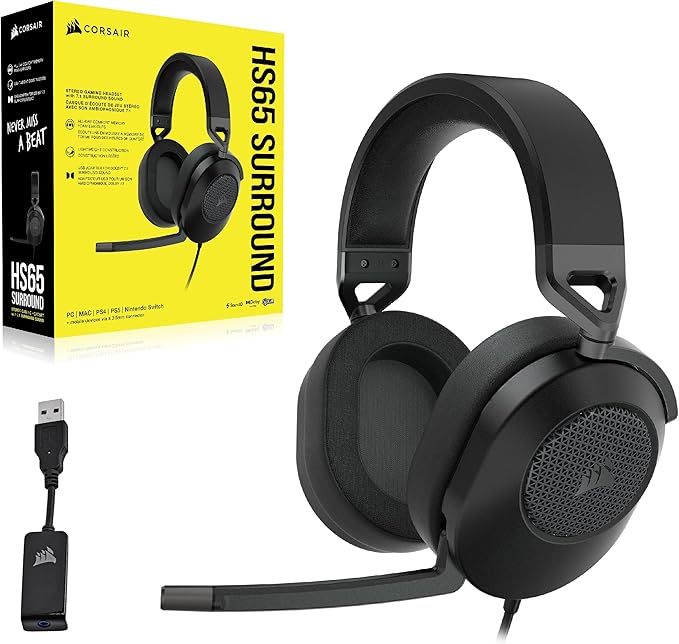 Corsair HS65 Surround Multiplatform Wired Gaming Headset – Dolby Atmos – SonarWorks SoundID – iCUE Compatible – PC, Mac, PS5, PS4, Xbox, Nintendo Switch, Mobile – Carbon