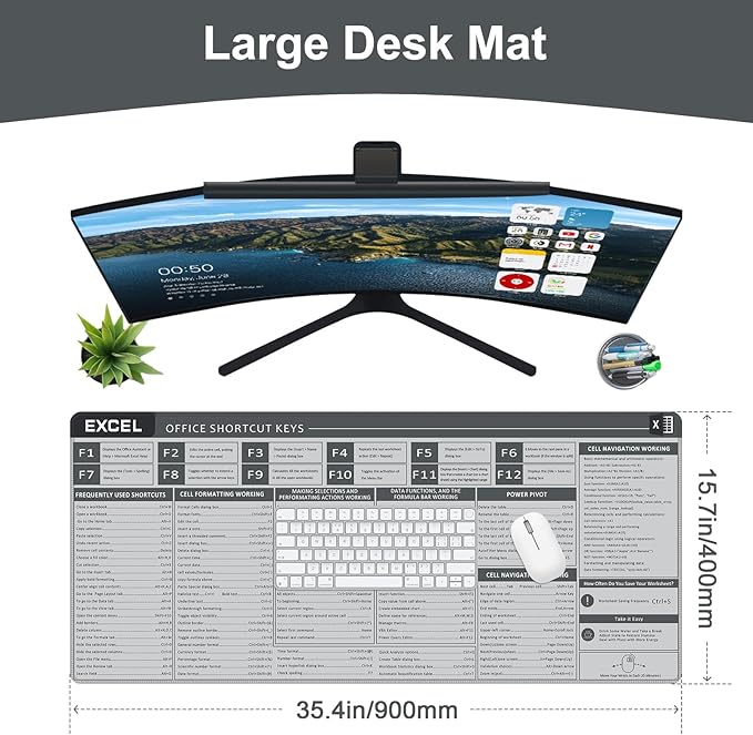 Baziabbo Office Desk Mat, Excel Cheat Sheet Keyboard Mat, Excel Shortcut Desk Pads,Non-Slip Excel Mousepad with Stitched Edges for Computer (Sheet Grey)
