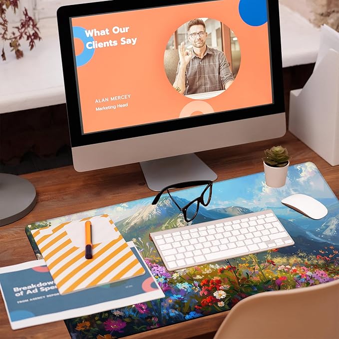 Large Gaming Mouse Pad for Desk, Watercolor Colorful Wildflowers Desk Mat, Flowers On Mountains Desk Pad, 31.5"x15.7" Extended Big Computer Mouse Pad with Non-Slip Base and Stitched Edge