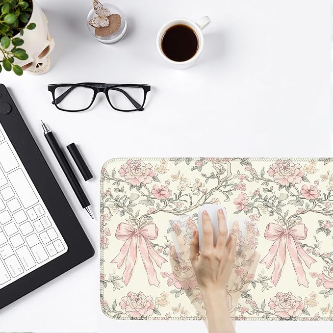 Floral Desk Mat Vintage Chinoiserie Large Mouse Pad Coquette Aesthetic Office Decor Flower Pink Bow Gaming Pad Cottagecore Desk Decor 31.5x15.7 in
