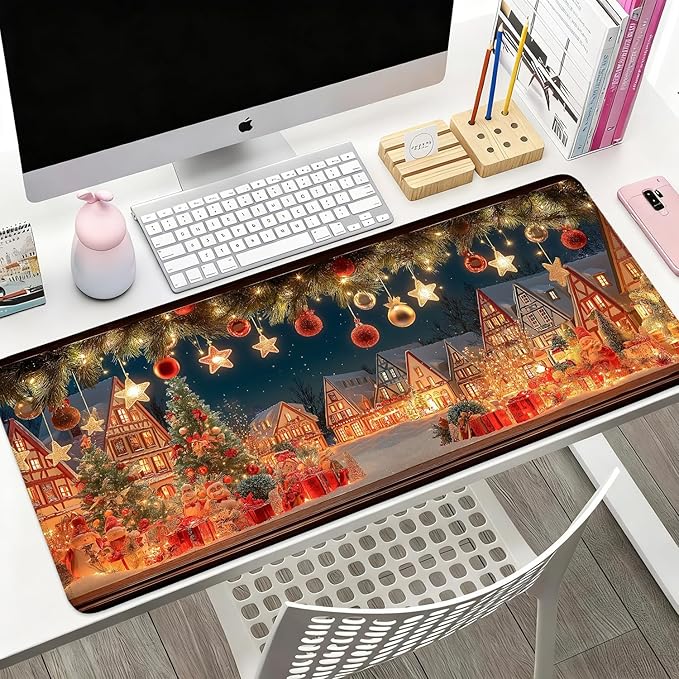 Desk Mat, XXL Extended Gaming Pad for Desktop, 35x16 Inches Village with Tree and Lights, Large Non-Slip Vegan Leather Keyboard Mouse Mat for Home Office
