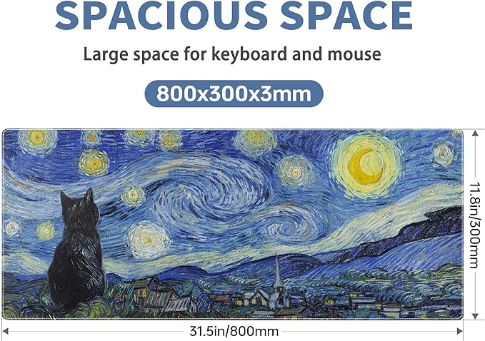 Starry Night Cat Gaming Mouse Pad Large Desk Mat Extended Keyboard Mouse Pad Anime Mousepad with Non-Slip Base and Stitched Edge Mouse Mat Desk Pad 31.5 x 11.8 Mouse Pads for Desk Home Office Gaming