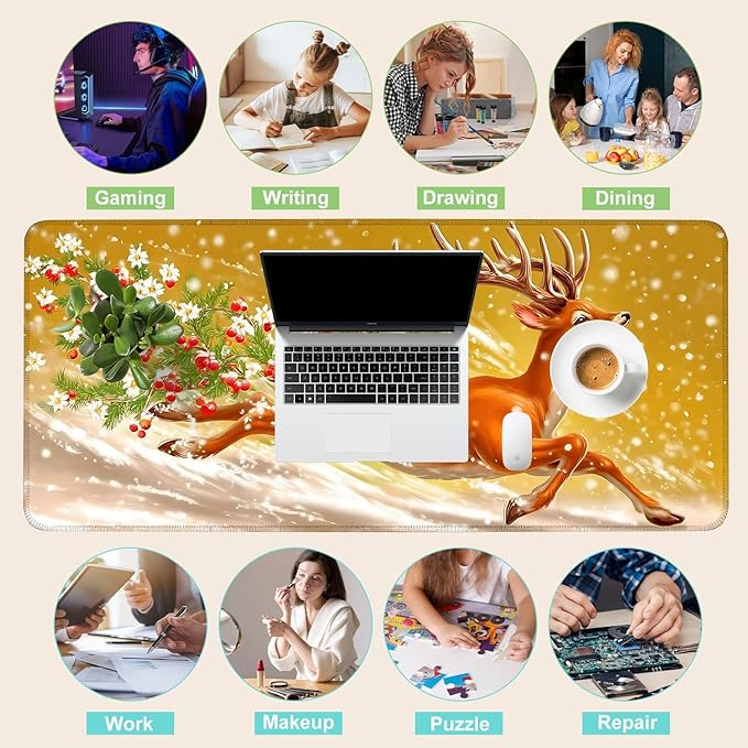Desk Mat, XXL Extended Gaming Pad for Desktop, 35x16 Inches Reindeer Running in Snow, Large Non-Slip Vegan Leather Surface with Stitched Edges, Keyboard Mouse Mat for Home Office