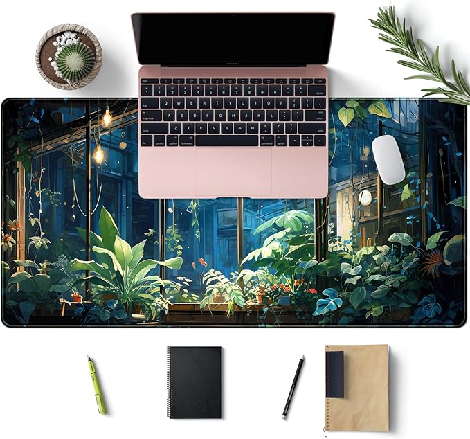 Plant Desk Mat Green Big Mouse Pad Large Gaming Mousepad Extended Keyboard Pad City View Aesthetic Desk Pad XXL Mouse Mat 31.5''X15.7'' Office Decor Cute Desk Accessories for Women