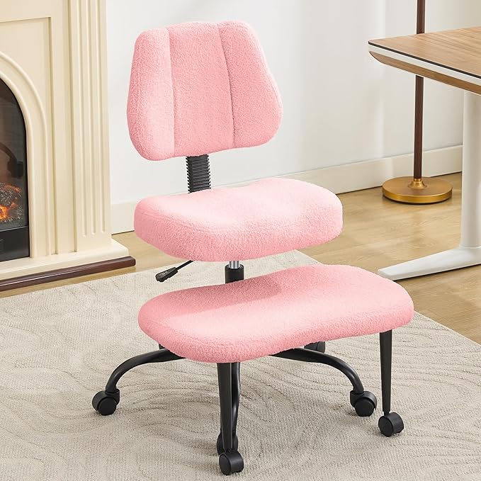Ergonomic Criss Cross Legged Office Chair, ADHD Chair, Wide Height Adjustable Seat 360° Swivel Footstool with Wheels, Teddy Fabric Meditation Kneeling Chair, for The Restless Home Workers, Pink