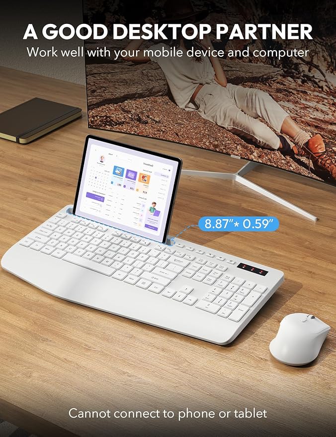 Wireless Keyboard and Mouse, Wrist Rest, Phone Holder, 2.4G Lag-Free Ergonomic Keyboards Mouse Combo, KM23D Silent Keyboards Set for Computer, Laptop, PC, Windows, White -SABLUTE