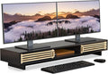Dual Monitor Stand with Sliding Bamboo Doors - Heavy Duty Wood Computer Monitor Riser for 2 Screens, Ergonomic Desk Organizer with Storage & Keyboard Tray, Natural & Black (38 Inch)