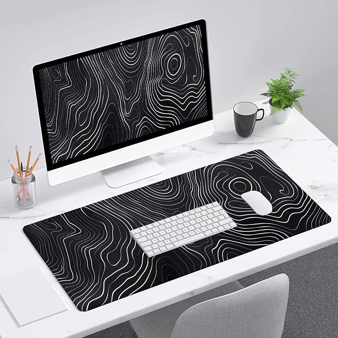 Topographic Map Desk Pad Mouse Pad Black White Minimalist Extended Gaming Mouse Pad Mat with Stitched Edge Non-Slip Base Big Mouse Pad 31.5"x11.8" Office Computer Keyboard Laptop Home