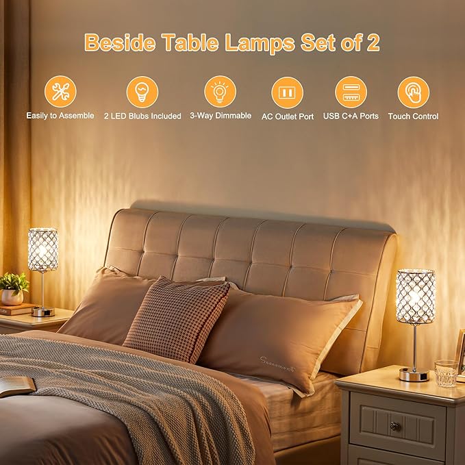 Table Lamps for Bedroom Set of 2-Crystal Table Lamp with USB C+A Ports & AC Outlet Sliver Nightstand Touch Lamp with 3-Way Dimmable Bedside Side Desk Lamp for Living/Bedroom (LED Bulb Included)