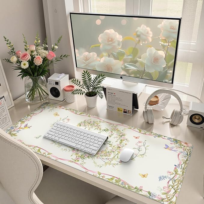 HAOCOO Floral Bow Cute Desk Mat,Sweet Heart Keyboard Mats for Desk, XXL Mouse Pad with Non-Slip Rubber Base, Desk Pad Mat with Stitched Edges, Waterproof Computer Mats for Desktop, Desk Pad Protector