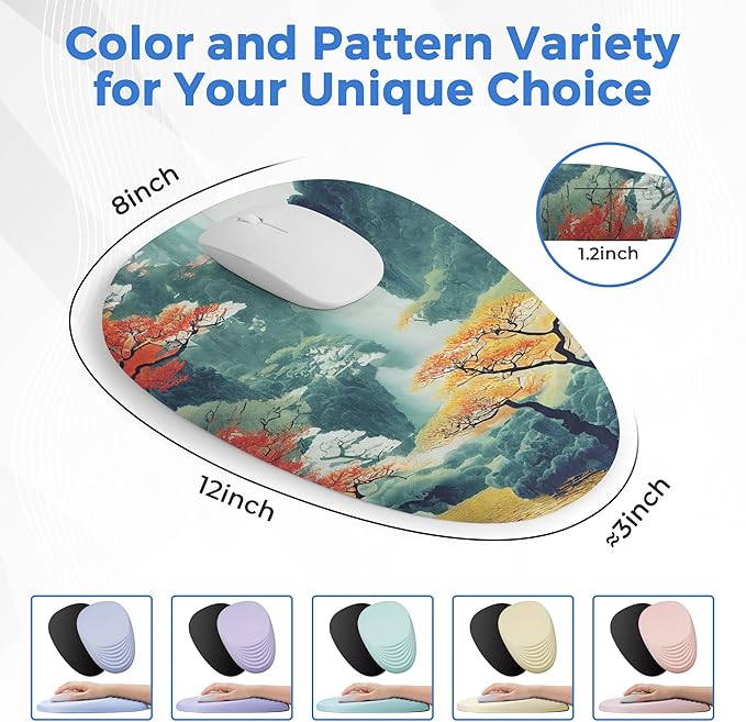 Ergonomic Mouse Pad with Wrist Support, Memory Foam Wrist Rest for Pain Relief & Carpal Tunnel, Non-Slip Base for Office, Computer, PC, Laptop (12x8x1.2inch, Japanese Forest)