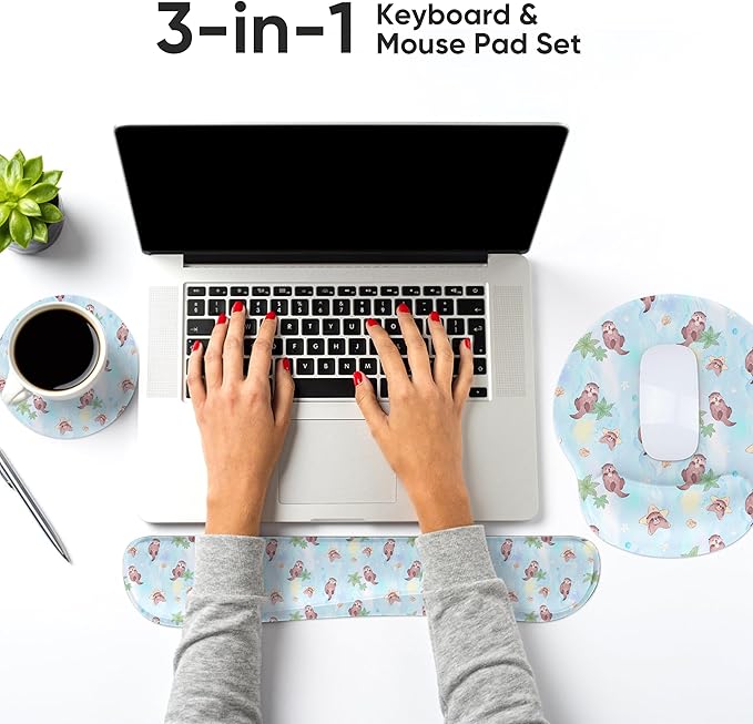 Ergonomic Keyboard Mouse Pad Wrist Rest Support Set for Laptop/Computer/Desktop,Memory Foam Hand Rest Wrist Cushion for Gaming/Office,Lightweight Comfortable (Lovely Otter)