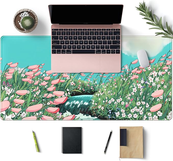 Cute Anime Floral Desk Mat Sage Green Large Mouse Pad XL Gaming Mousepad Kawaii Desk Keyboard Pad Laptop Computer Mouse Mat Cute Desk Decor Desk Pads On Top of Desks for Desktop 31.5''X 15.7''