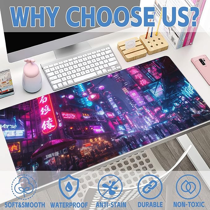 Desk Mat,Cyberpunk Neon City Large Gaming Mouse Pad for Desk XXL,Futuristic Night Street Desk Pad,Extended Big Computer Keyboard Mouse Pad with Non-Slip Base and Stitched Edge 35.4"x15.7"