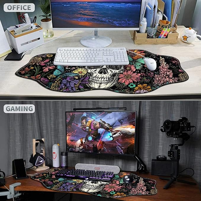 Sugar Skull Flowers Large Gaming Mouse Pad Plus a Coaster, 35.4 x 15.7 inches Desk Mat Extended XXL Mousepad with Stitched Edge Non-Slip Rubber, Desk Pad Computer Mouse Mat for Home Office