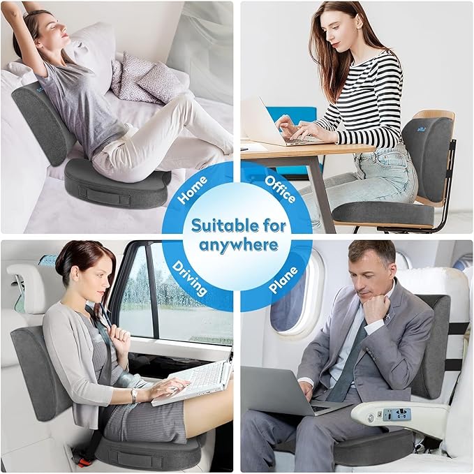 CloudBliss Seat Cushion, Office Chair Cushions, Car Seat Cushion, Lumbar Support Pillow for Office Chair, Back Support Memory Foam Pillow Coccyx Cushion for Tailbone, Coccyx & Back Support, Grey