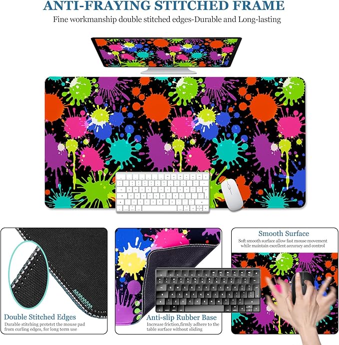 Desk Mat, Desk Matt for Desktop, Neon Paint Splatter XXL Large Gaming Mouse Pad with Non-Slip Rubber Base Stitched Edges Waterproof Keyboard Desk Pad for PC Gaming, Laptop, Computer, Work, Office