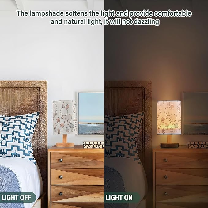 Rabbit LED Table Lamp, Bedside Lamp with Linen Lampshade, Flicker-Free Eye Care USB Plug in Nightstand Lamp, for Bedroom and Office