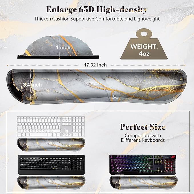 Gimars 17.3'' Extended Keyboard Wrist Rest Pad with 63D High-Density, Firm Memory Foam, Anti-Slip Rubber Base and Ergonomic Design for Typing,Office,Gaming, Computer, Laptop,Grey Golden