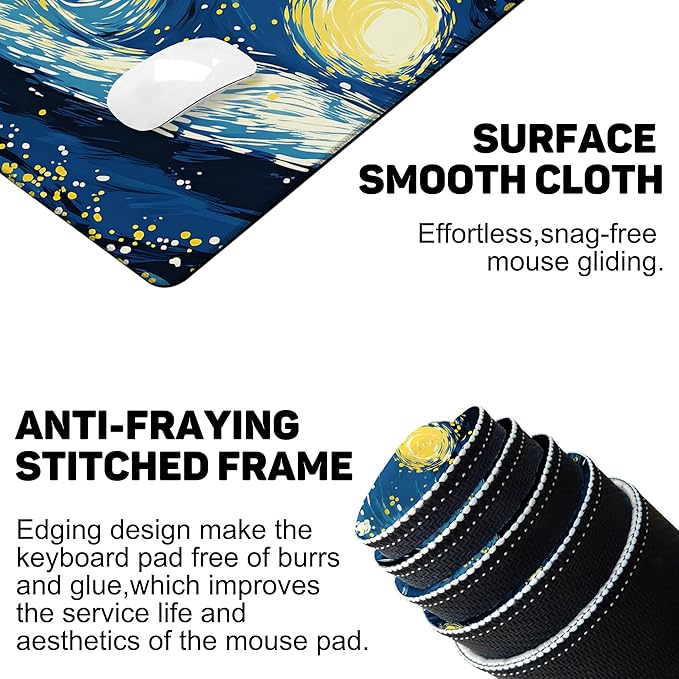 Large Mouse Pad 35.4x15.7 Inch Starry Night Black Cat Gaming Desk Mat with Non-Slip Rubber Base, Stitched Edges for Gaming,Office