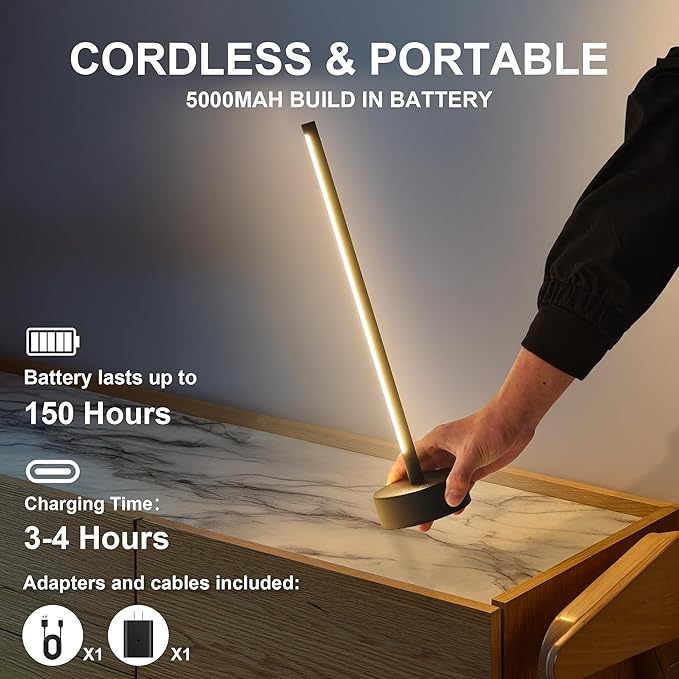Cordless LED Table Lamp, Battery Operated Portable Desk Lamp,Dimmable/3 Color/Memory Function,Modern Rechargeable Table Light for Living Room,Bedroom,Bedside,Black