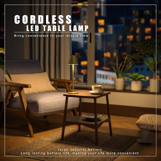 1-Pack Cordless Table Lamps - 5000mAh Rechargeable Battery Operated Desk Lamp, 3-Level Dimmable LED Night Light for Bedroom, Dining, Restaurant - Metal Design (Champagne Gold-1Pack)