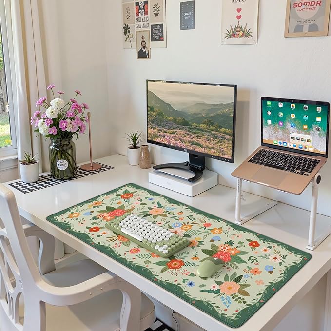 HAOCOO Green Floral Desk Mat for Keyboard and Mouse, Waterproof Desk Matt for Desktop, Large Mouse Pad, Non-Slip Keyboard Mat with Stitched Edge for Office, School, Home