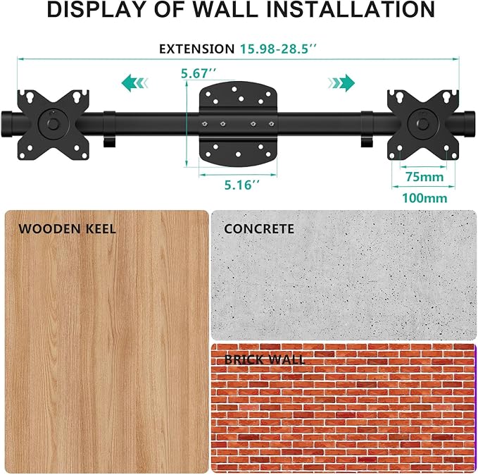 WALI Dual Monitor Wall Mount, Single to Double Bracket Adapter, Horizontal Assembly Arm for 2 Screen up to 27 inch (012ARM), Black
