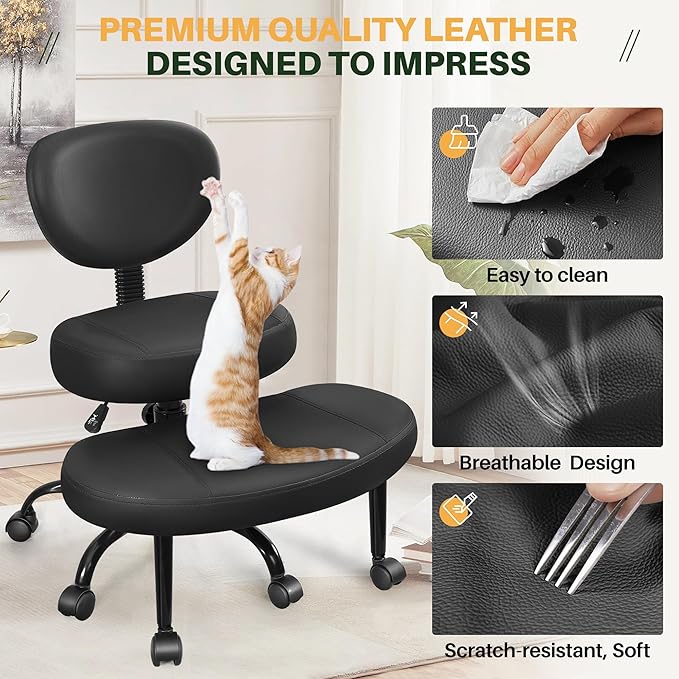 Primy Criss Cross Office Chair - ADHD Cross Legged Chair with Wheels - Adjustable Height Ergonomic Kneeling Desk Chairs for Meditation Yoga Home Office with Backrest, 360°Rotating Footrest - Black