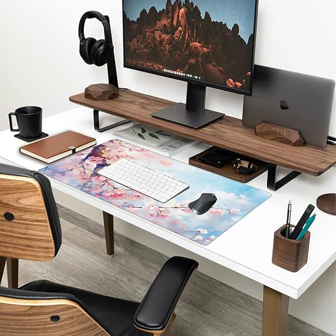Large Gaming Mouse Pad for Desk,Cherry Blossom Tree Desk Mat for Desktop,Watercolor Floral Desk Pad, Extended Big Computer Keyboard Mouse Pad with Non-Slip Base Stitched Edges 35.4"x15.7"