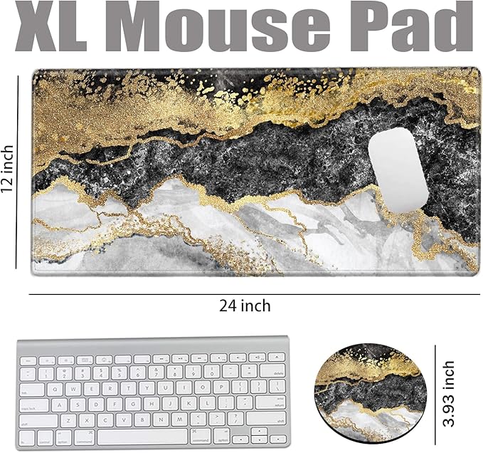 Gaming Mouse Pad XL Desk Mat for Desktop Extended Mousepad Black Gold Marble Desk Pad Long Computer Pads for 24"x12" Large Mouse Pads for Wireless Mouse Office Men