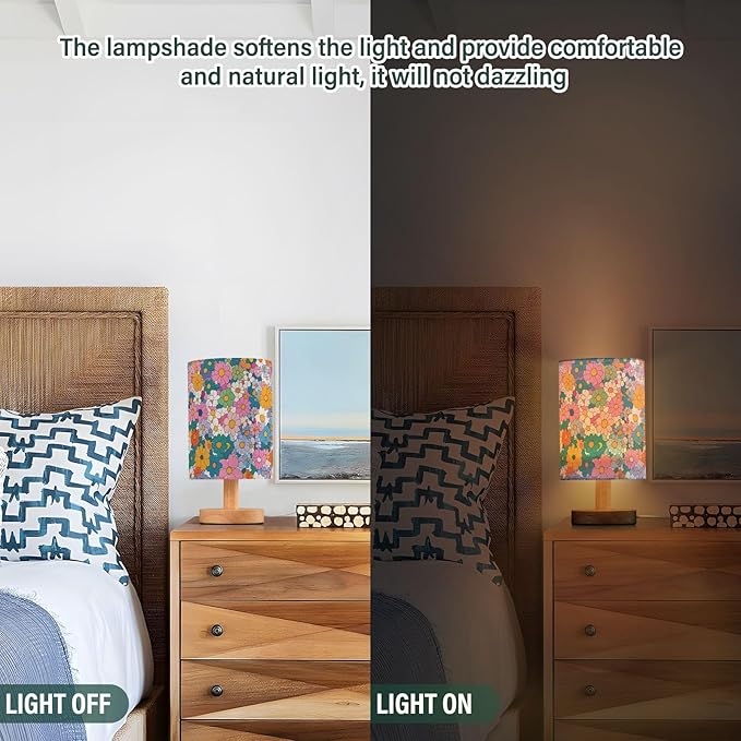 Colorful Floral LED Table Lamp, Bedside Lamp with Linen Lampshade, Flicker-Free Eye Care USB Plug in Nightstand Lamp, for Bedroom and Office