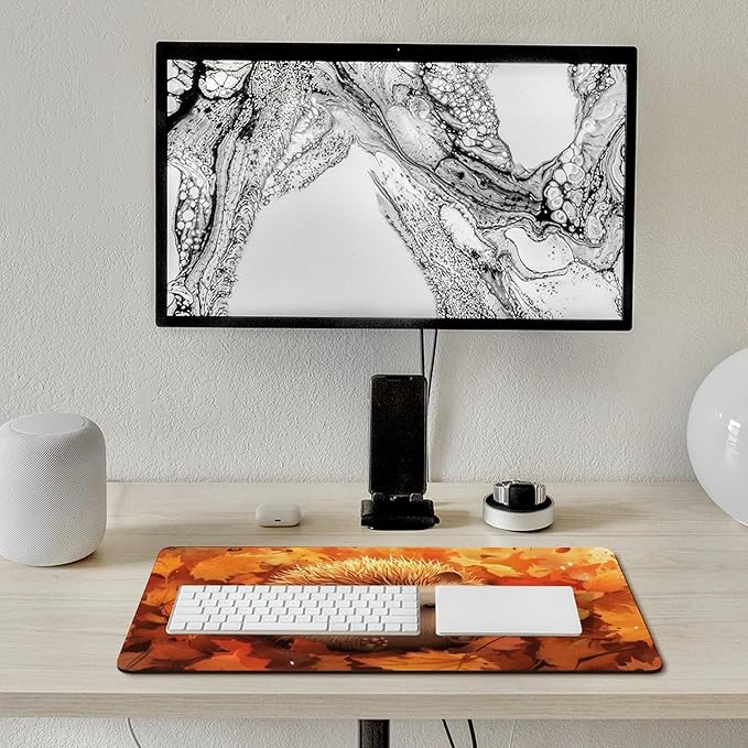 Large Ergonomic Gaming Mouse Pad Cozy Hedgehog in Autumn Leaves - Cute Forest Animal Theme with Non-Slip Base Water-Resistant Surface and Stitched Edges 40X75cm