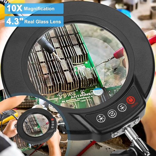10X Magnifying Glass with Light and Clamp, Real Glass Stand Lighted Magnifier, 5 Color Modes Stepless Dimmable LED Desk Lamp Hands Free for Crafts Hobby Reading Painting Sewing Close Work